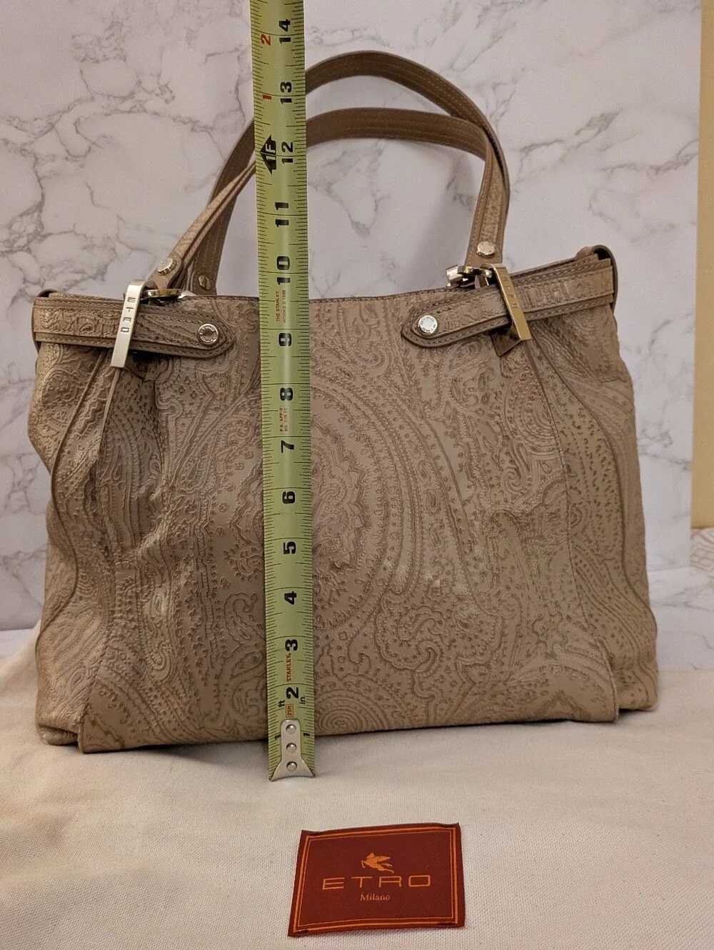 Etro Taupe Paisley-Embossed Leather Shoulder Bag With Dust Bag